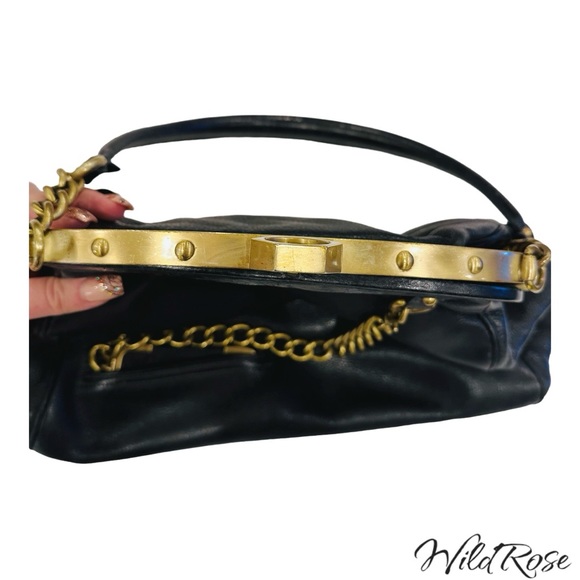 ZAC POSEN BLACK “ALEXIA” LEATHER SATCHEL BAG GOLD TONE HARDWARE - Picture 9 of 17